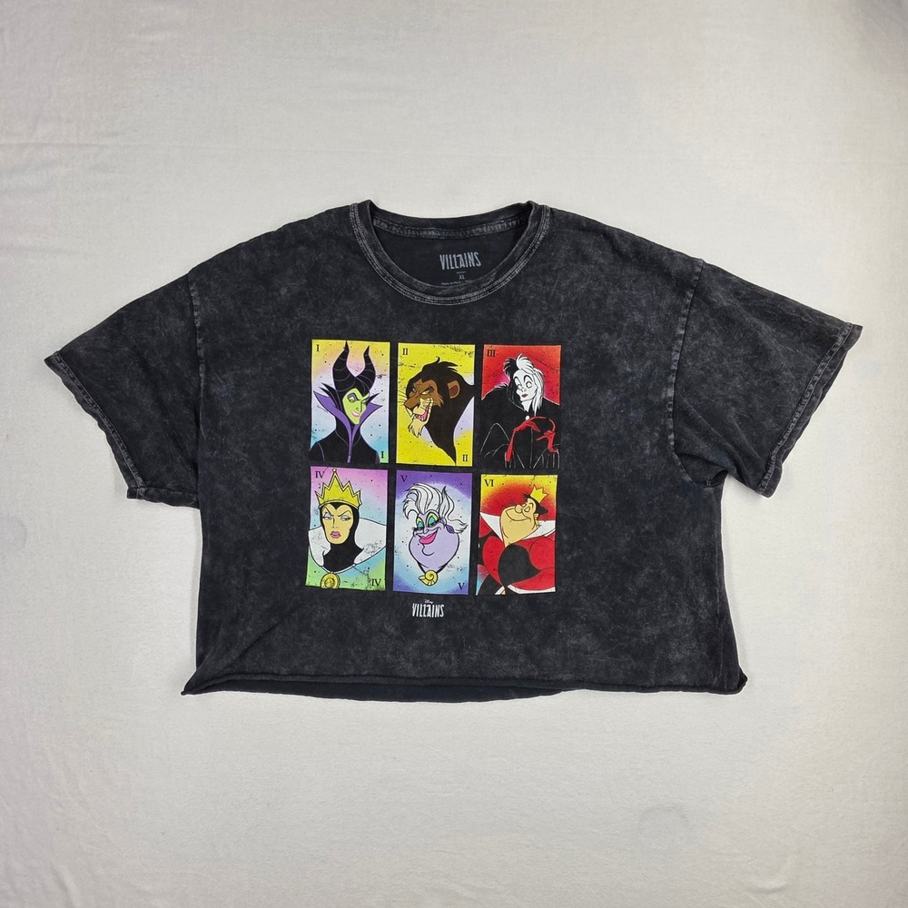 Disney Villains Tarot Graphic Crop Top XL Black Acid Wash Cotton Tee 0086